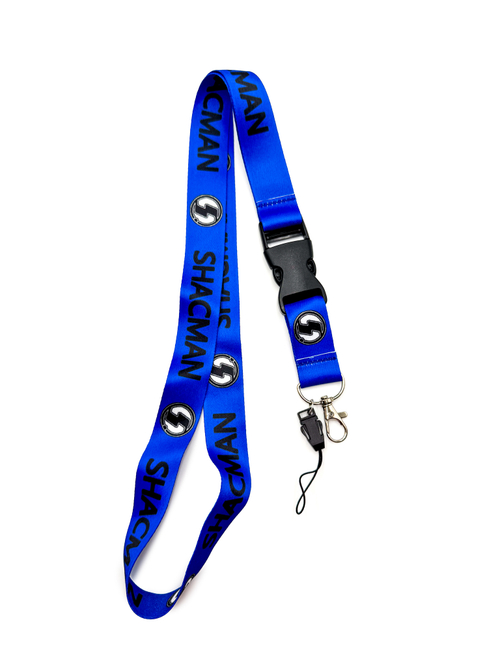 Шнурок на шею SHACMAN (ШАКМАН). Ланъярд для ключей, бейджа, телефона. Синий цвет с черным лого.