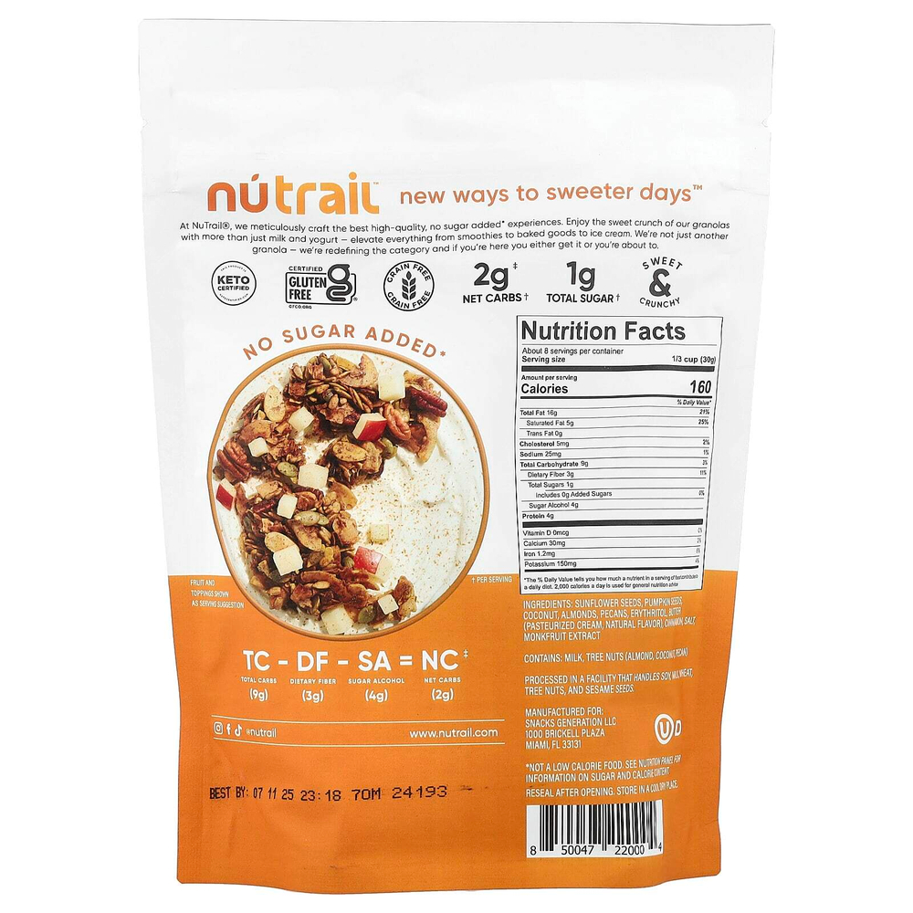 NuTrail, Ореховая гранола, корица и пекан, 227 г (8 унций)