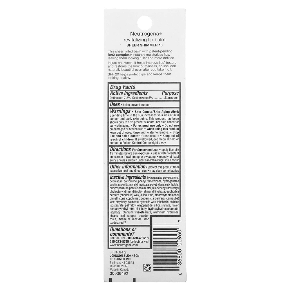 Neutrogena, Sheer Tint, восстанавливающий бальзам для губ, SPF 20, сияние 10, 4,2 г (0,15 унции)