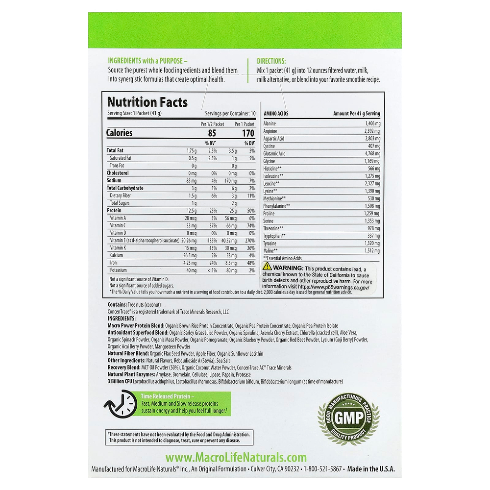 Macrolife Naturals, Macro Meal®, протеиновый порошок, со вкусом ванили, 10 пакетиков по 41 г (1,4 унции)