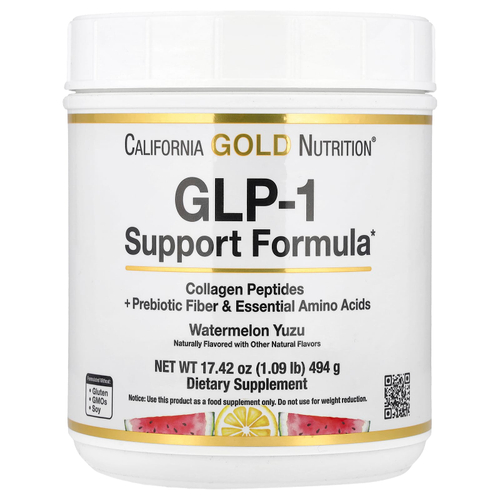 California Gold Nutrition, добавка для поддержания уровня ГПП-1 с пептидами коллагена, пребиотической клетчаткой и незаменимыми аминокислотами, со вкусом арбуза и юдзу, 494 г (1,09 фунта)