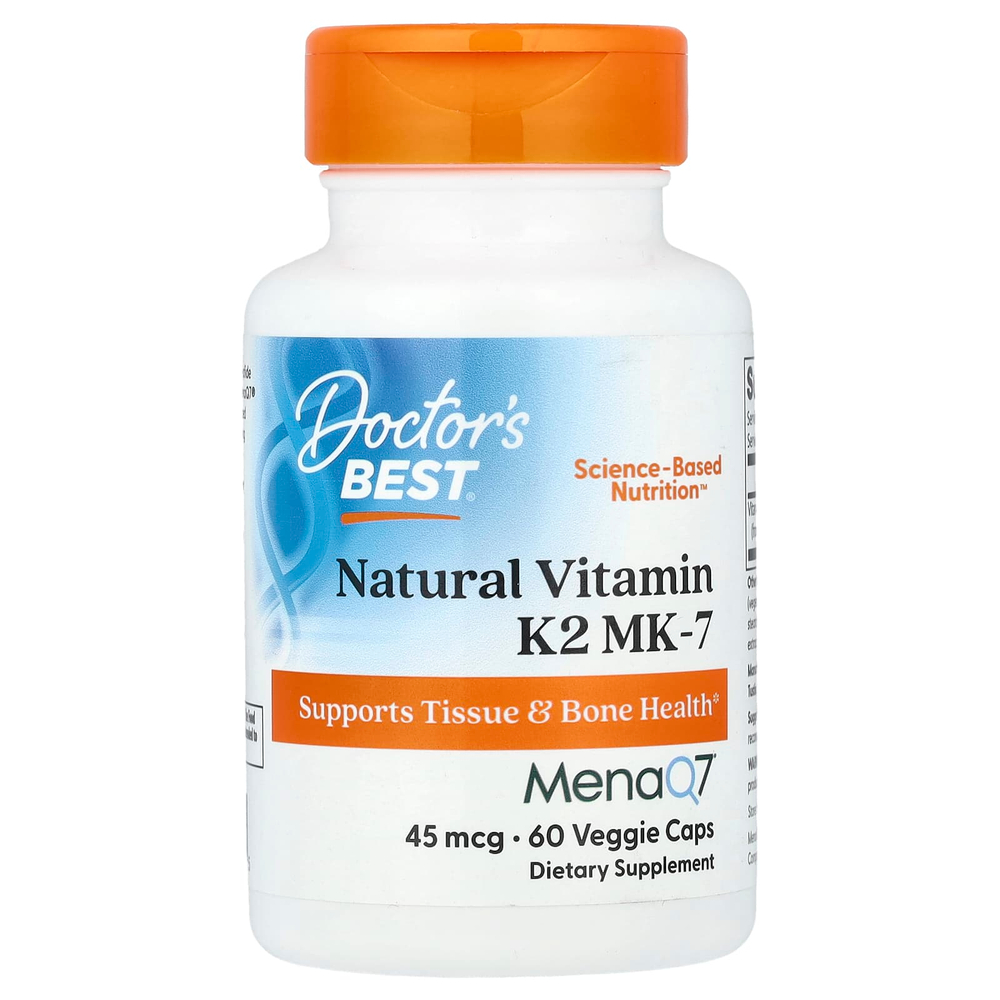 Doctor's Best, натуральный витамин K2 MK-7 с MenaQ7, 45 мкг, 60 вегетарианских капсул