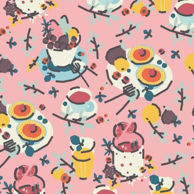 Десерты, напитки и фрукты на розовом фоне