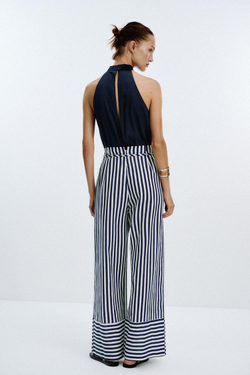 ZARA ДЛИННЫЙ КОМБИНЕЗОН ИЗ ЛЬНА, СИНИЙ/БЕЛЫЙ