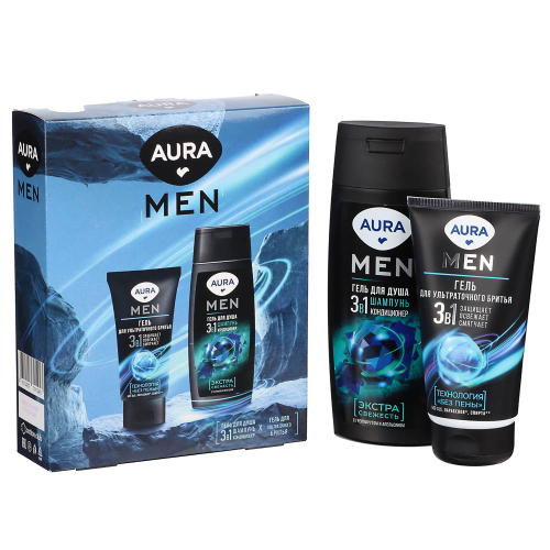 Подарочный набор мужской AURA MEN: Гель д/душа Экстра свежесть, 250мл+Гель д/бритья, 150мл
