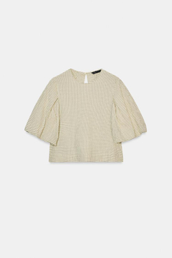 ZARA ТОП В КЛЕТКУ С ОБЪЕМНЫМИ РУКАВАМИ, ПЕСОЧНЫЙ/ЧЕРНЫЙ