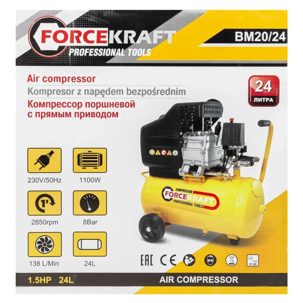 Компрессор поршневой с прямым приводом (ресивер 24л, 8 бар, 138л/м, 1100W, 230V) FORCEKRAFT FK-BM20/24