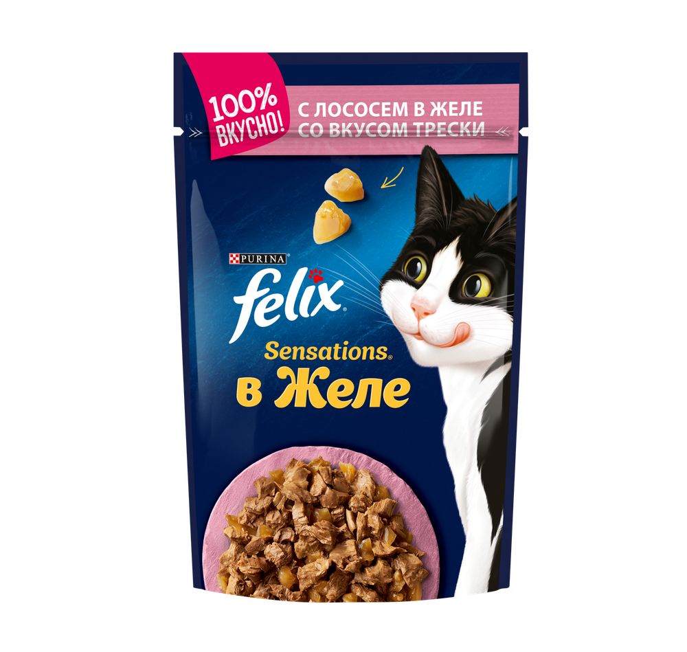 Влажный корм для кошек Felix Sensations в желе с лососем и треской 75 г