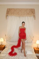 Платье мини с буфами, Красный