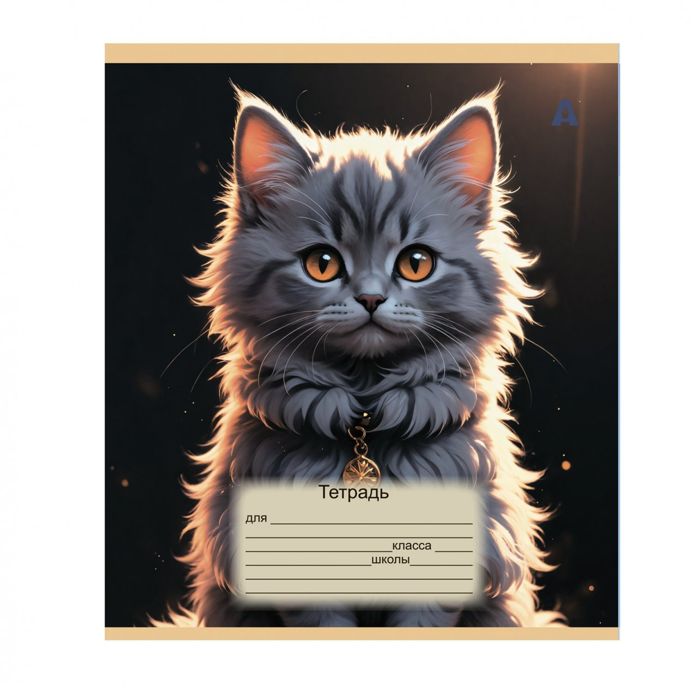 Тетрадь 12л., клетка, Alingar, скрепка, блок офсет, 100% белизна, мелованный картон (стандарт), "Милые котята", 5 дизайнов в пленке т/у