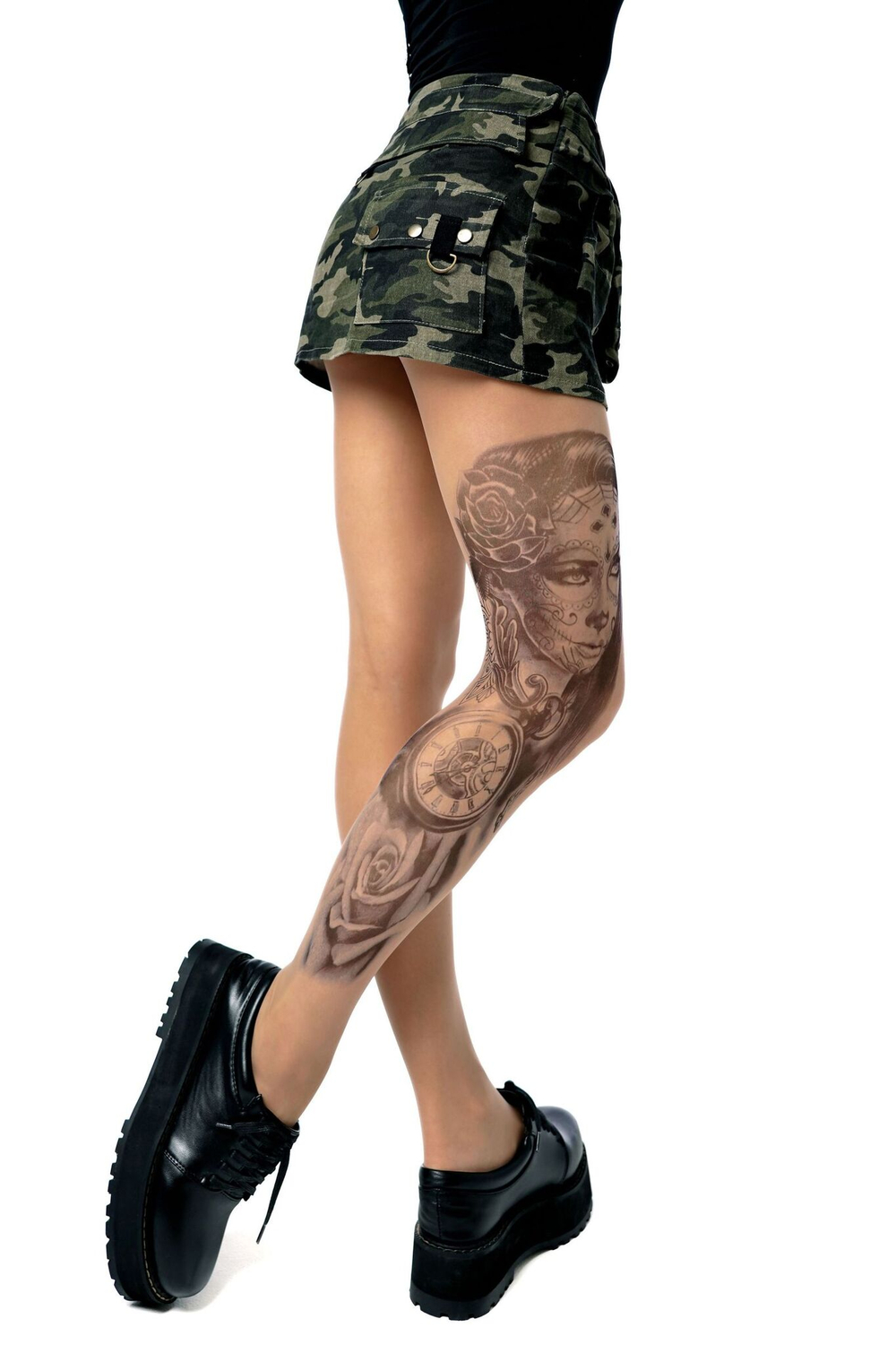 Колготки +size с рисунком в виде девушки с макияжем калавера на левой ножке (Размер: XL-XXL) (Цвет: бежевый)