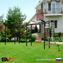 Уличная шведская стенка Sv Sport рукоход х 2 с комплектом турник прямой У54222К (Турник/Брусья/Скамья/Со спинкой/Щит баскет/Канат/кольца/лестница)
