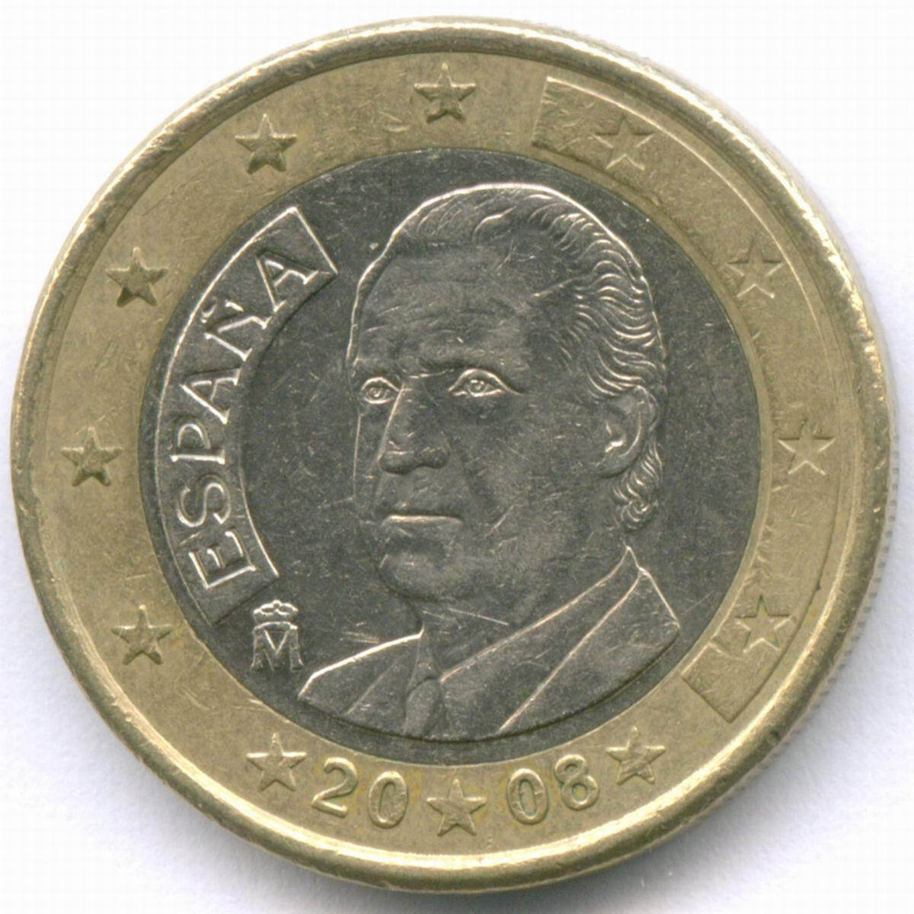1 евро 2008 год. Испания. Регулярный выпуск. Тип 2. Биметалл VF-XF