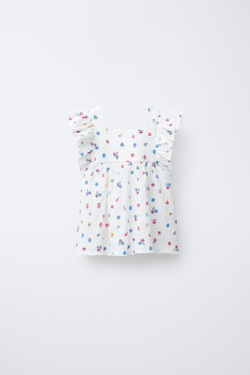 ZARA ФУТБОЛКА ИЗ РЕЛЬЕФНОЙ ТКАНИ С ЦВЕТОЧНЫМ ПРИНТОМ, ЭКРЮ