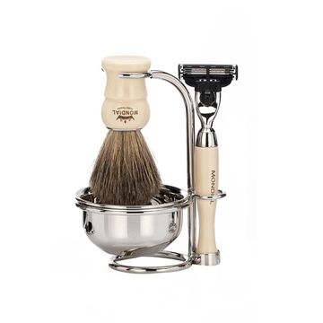 Бритвенный набор Mondial: станок, помазок, подставка и чаша; цвет слоновой кости