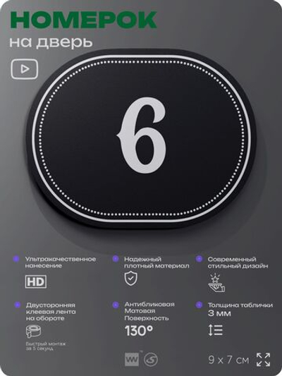 Номерок на дверь квартиры 6, для кабинета, офиса, шильдик 9 х 7 см, черный, Айдентика Технолоджи