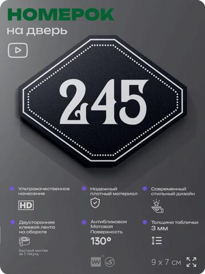 Номерок на дверь квартиры 245, для кабинета, офиса, шильдик 9 х 7 см, черный, Айдентика Технолоджи