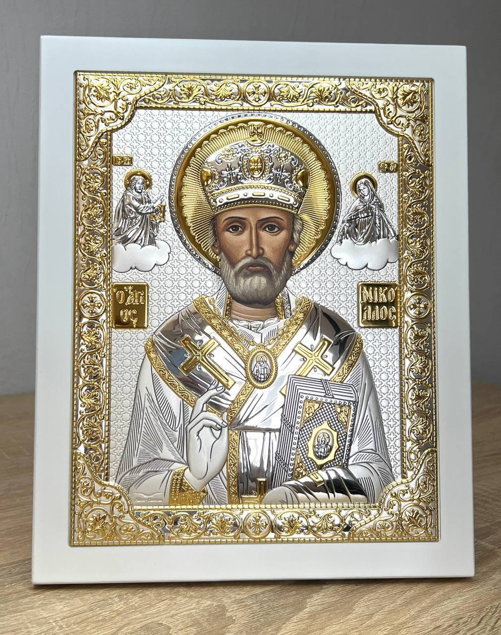 Николай Чудотворец, икона прямоугольная с рамкой, белое дерево 210х260