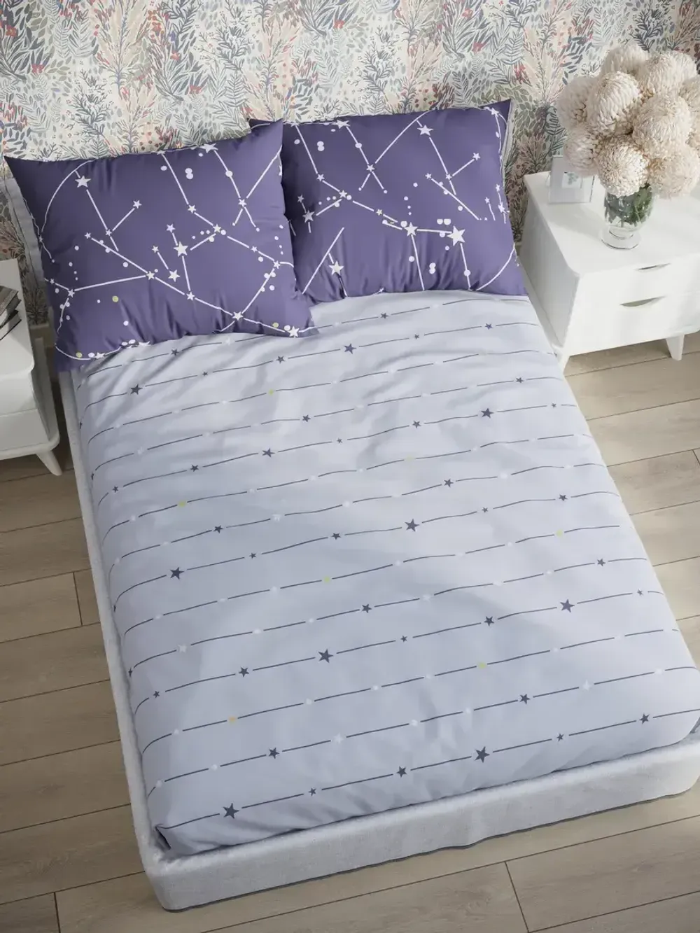 Постельное белье "Созвездия/Созвездия (компаньон)" 1,5-сп наволочка 50х70 1шт Простынь на резинке 90х200 см Пододеяльник 145х215 см Сказка сатин