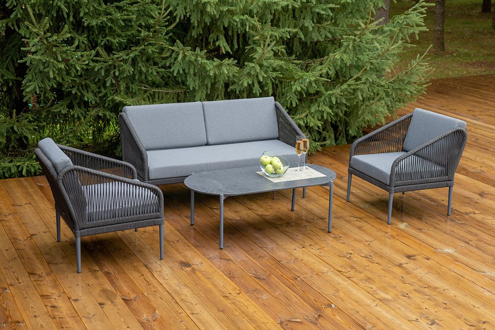 "Канны" лаунж-зона 4-местная (разборная) из роупа со столиком "Диего" цвета "серый гранит", роуп темно-серый круглый, ткань темно-серая