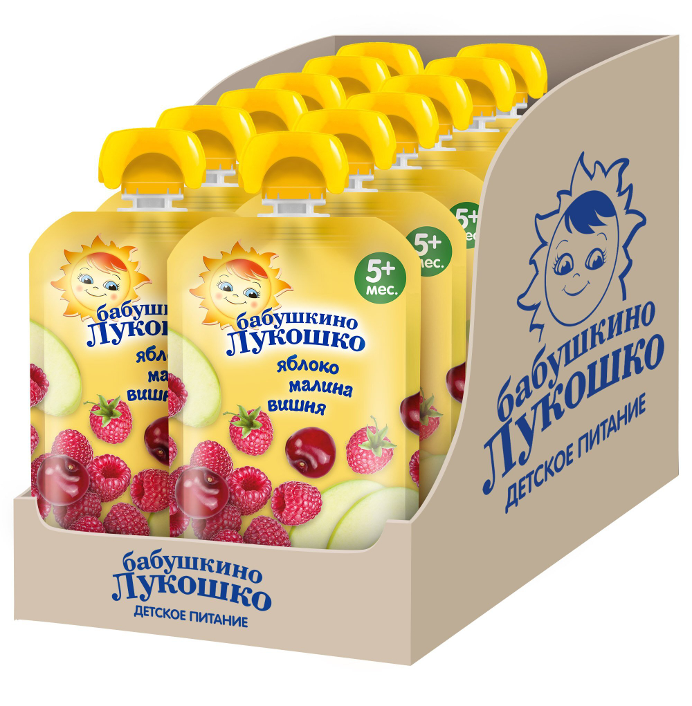 Пюре Бабушкино Лукошко Яблоко малина вишня с 5 месяцев 90г