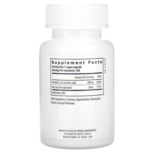 Vital Nutrients, Iron Plus C, 100 веганских капсул