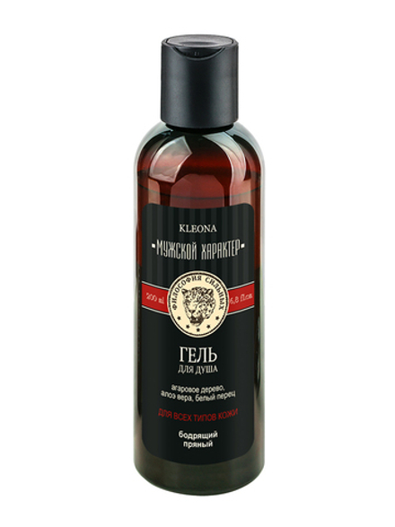 Гель для душа Kleona Мужской характер с маслом агарового дерева и белым перцем бодрящий пряный, 200 мл