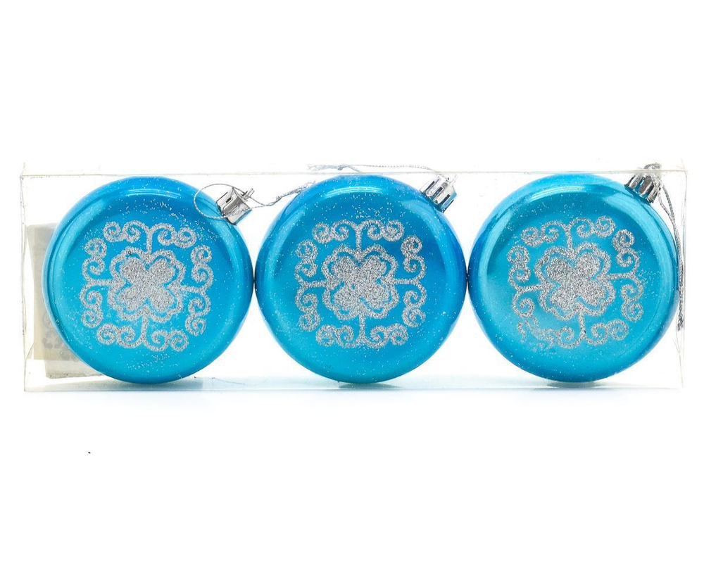 Набор из 3 пл. шаров с ручной росписью, 8см, голубой/коробка