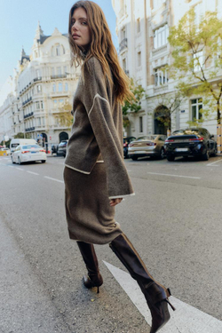 ZARA СВИТЕР ИЗ ТРИКОТАЖА С КОНТРАСТНОЙ ОТДЕЛКОЙ, СЕРО-КОРИЧНЕВЫЙ