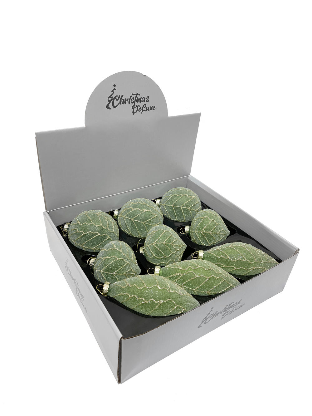 Набор елочных игрушек 8см 9шт ChristmasDeLuxe зеленый в инее с листьями