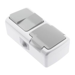 Блок розетка с выключателем Intro Atlantic 5-702-03 двойным 2P+E, 10А-250В, открытой установки, IP54, серый | Intro