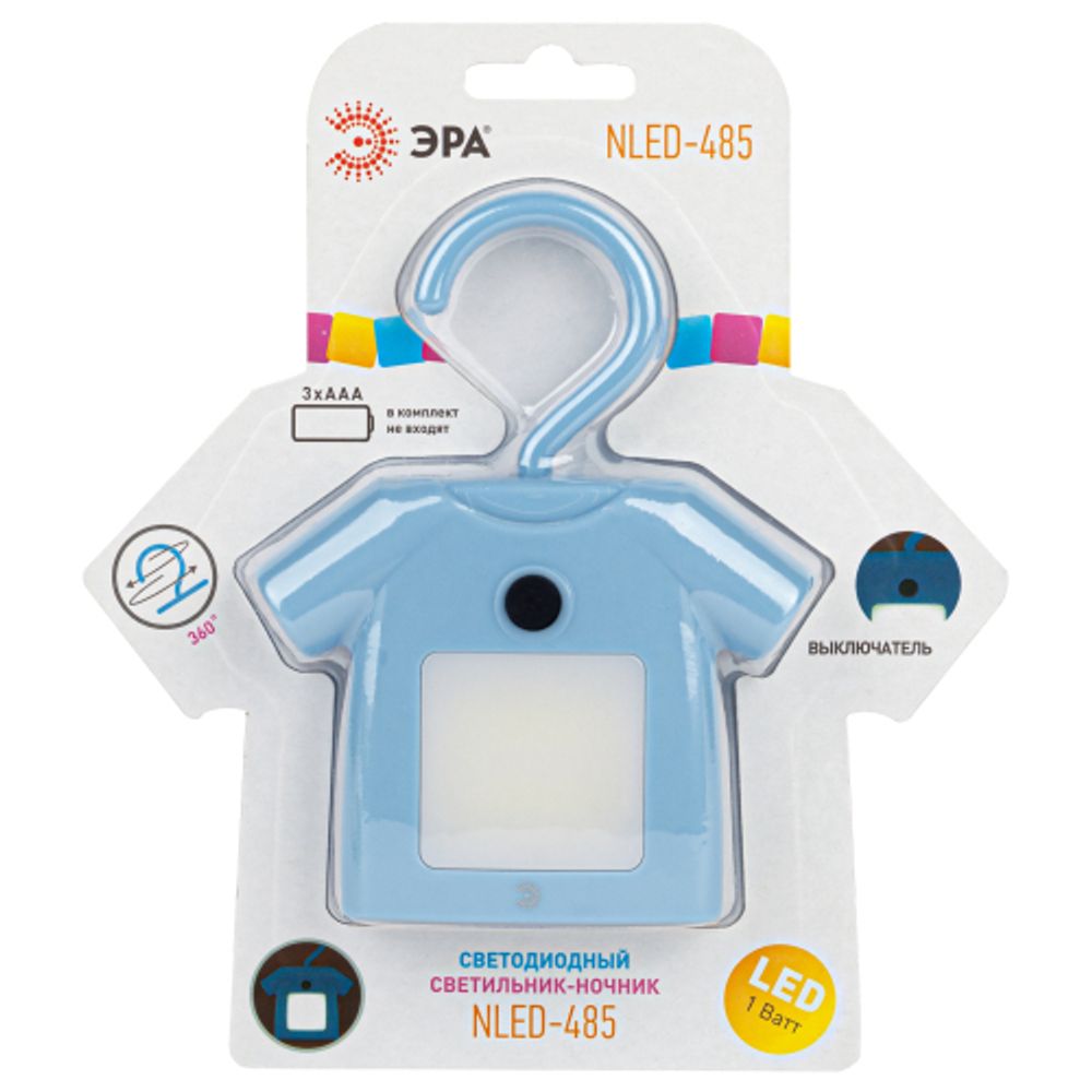 Ночник - светильник светодиодный ЭРА NLED-485-1W-SW-BU на батарейках с выключателем голубой