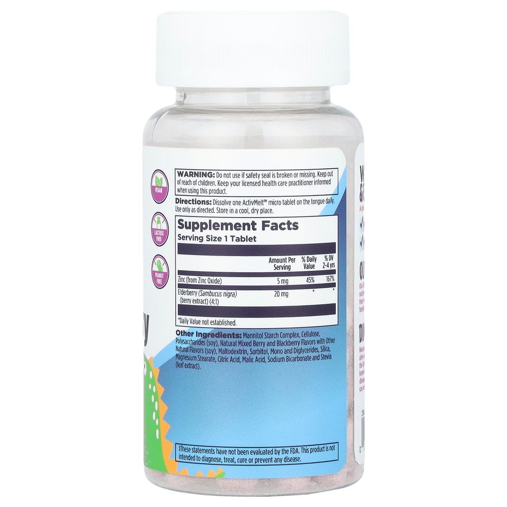 KAL, Dinosaurs, ActivMelt, растворимые таблетки с цинком и бузиной, ягодное ассорти, 90 микротаблеток