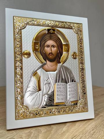 Спаситель, икона прямоугольная с рамкой, белое дерево 210х260