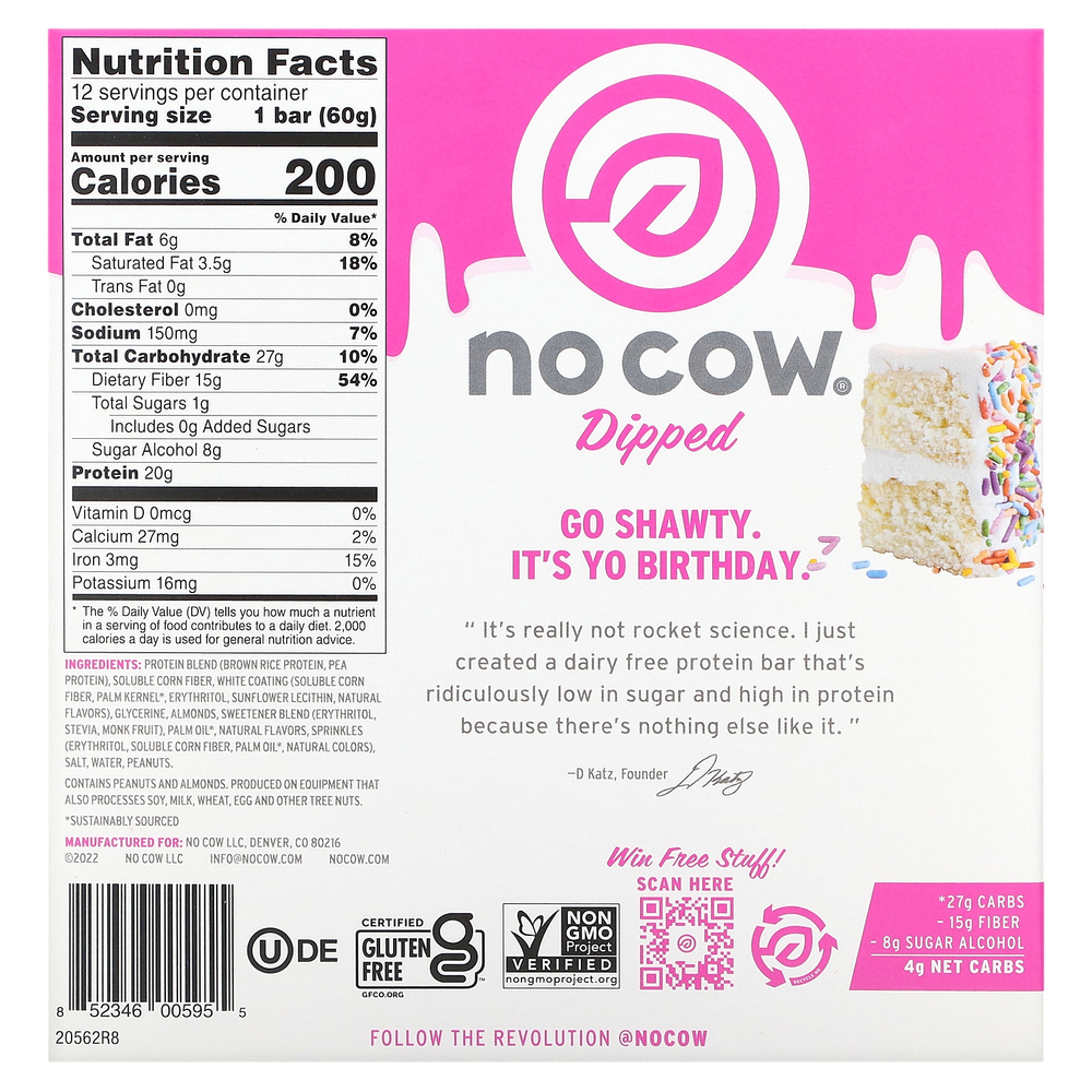 No Cow, протеиновый батончик в глазури, со вкусом праздничного торта, 12 батончиков по 60 г (2,12 унции)