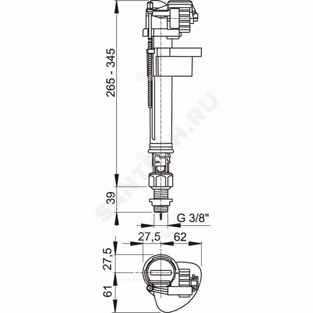 Арматура для бачка наливная 3/8" нижнее подключение Alca Plast A17-3/8"