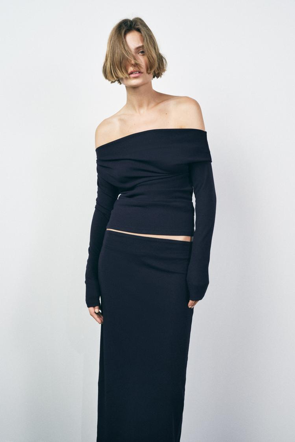 ZARA ТОП АСИММЕТРИЧНОГО КРОЯ ИЗ МЯГКОГО ИНТЕРЛОКА, МОРСКОЙ ТЕМНО-СИНИЙ