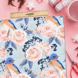 Ткань атлас голубые птицы