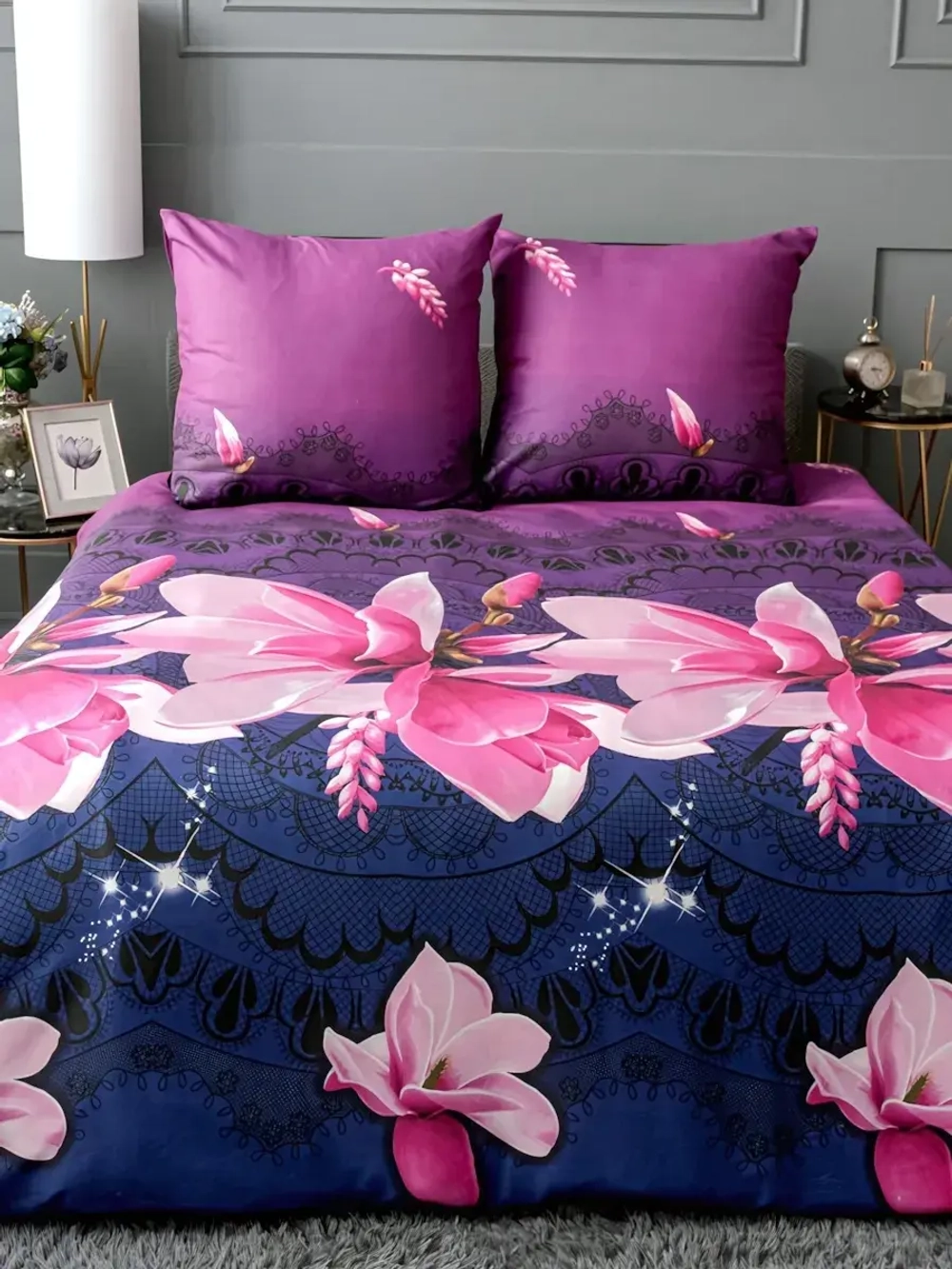 Постельное белье 1,5 полисатин Павлайн Лилии с ажуром 6717-11