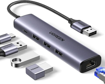 Конвертер USB 3.0 на LAN RJ-45,10/100/1000 Mbps + USB HUB 3 port, 0.2m UGREEN 60554