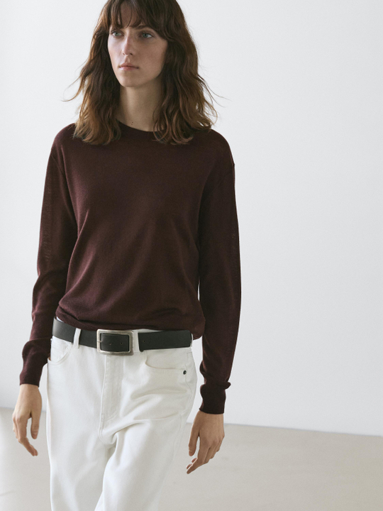 Massimo Dutti Свитер из тонкого трикотажа с круглым вырезом, кофейный