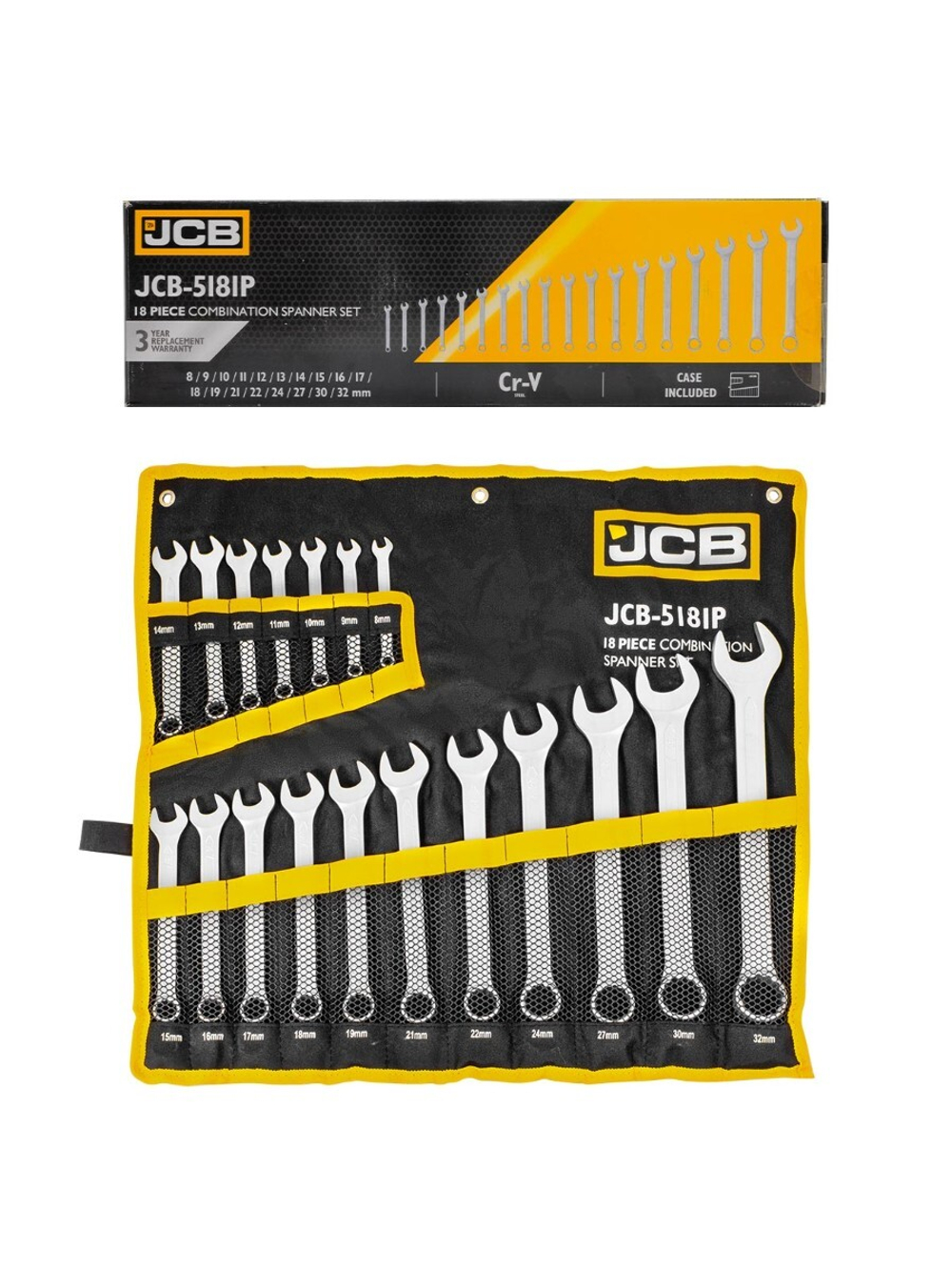 Набор ключей комбинированных 18пр.(8-19, 21, 22, 24, 27, 30, 32мм),на полотне JCB JCB-5181P