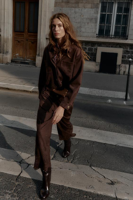 ZARA БРЮКИ-КЮЛОТЫ ИЗ ИСКУССТВЕННОЙ ЗАМШИ С ПЕРФОРИРОВАННЫМ НИЗОМ, КОРИЧНЕВЫЙ