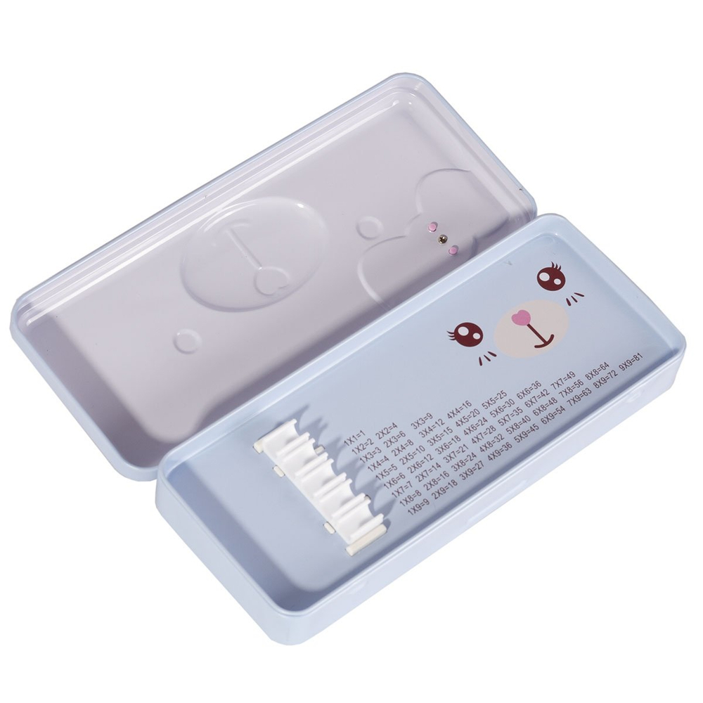 Пенал металлический 2 отделения Alingar, таблица умножения, органайзер, 100 х 220 мм, "Мишка с бантиком", голубой