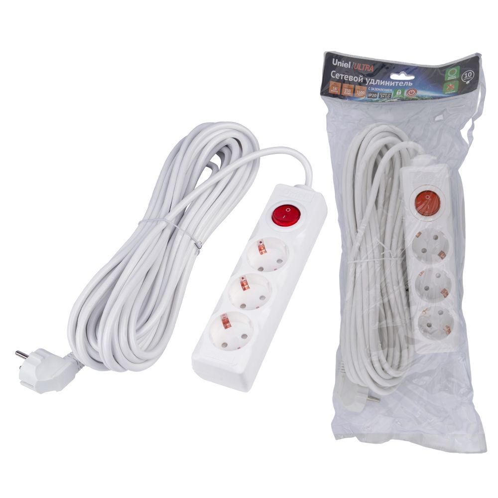 S-GCU3-10B WHITE Удлинитель серии Ultra. шнур 10м.. 3 гнезда. 16A. с-з. Белый. TM Uniel