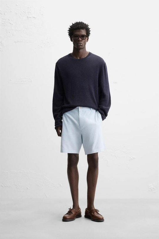 ZARA ШОРТЫ ИЗ ХЛОПКА И ЛЬНА, СВЕТЛО-ГОЛУБОЙ