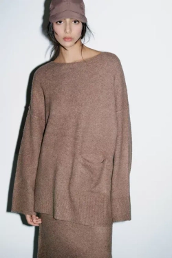 ZARA ОДНОТОННЫЙ СВИТЕР С КАРМАНОМ, СЕРО-КОРИЧНЕВЫЙ С МЕЛАНЖЕВЫМ ЭФФЕКТОМ