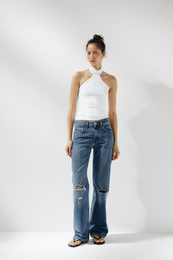 ZARA ТОП ИЗ ПОЛИАМИДА С ГОРЛОВИНОЙ ХАЛТЕР, БЕЛЫЙ