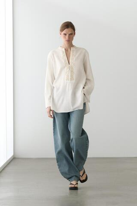 Massimo Dutti блузка с воротником-стойкой, натуральный/кремовый