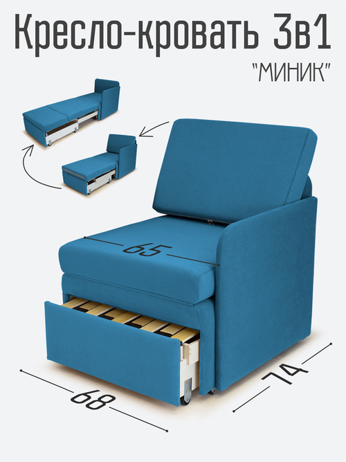 Кресло-кровать "Миник" с левым подлокотником, под правую руку, велюр Dream Denim